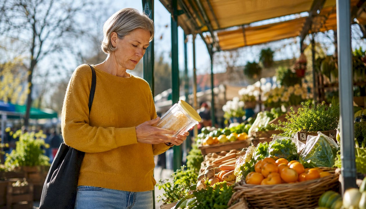 Woman shopping PLA bioplastic packaging in supermarket