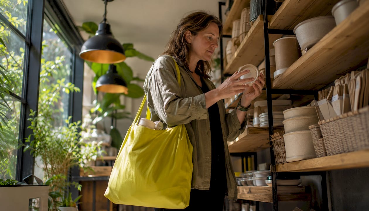 UK shopper examining eco-friendly product labels