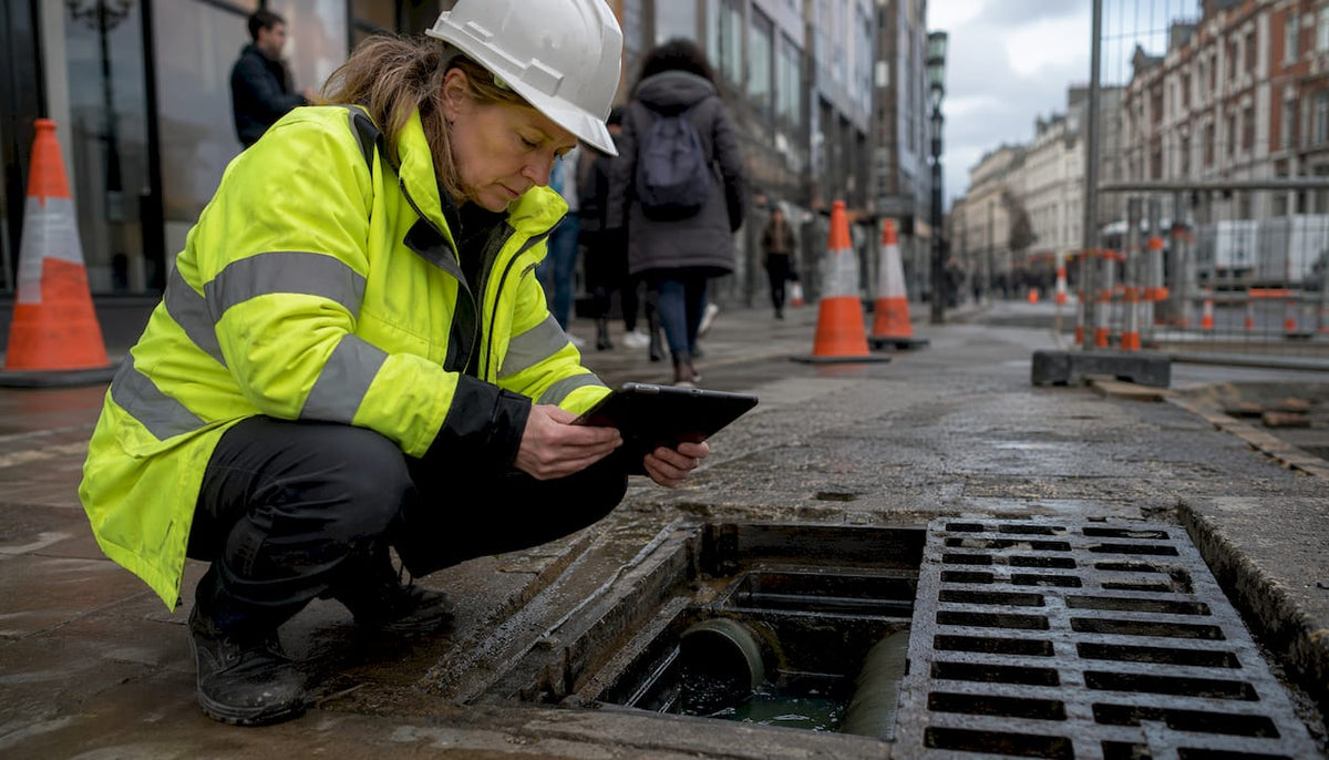 Engineer inspecting sewer manhole on street