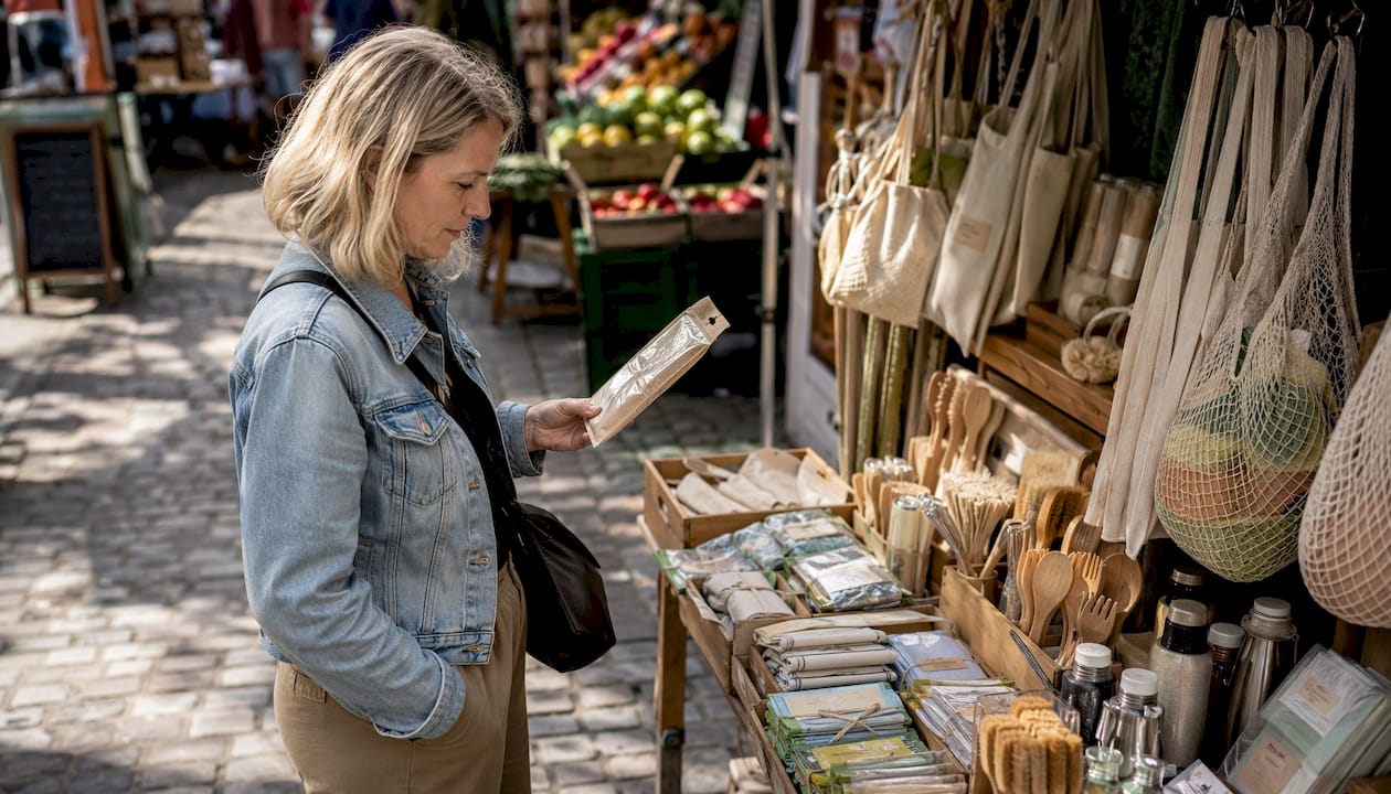 Shopper examining compostable sandwich bags packaging