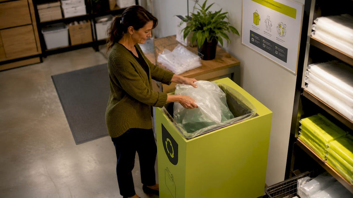 Woman dropping soft plastics at supermarket recycling bin