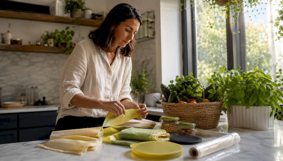 Woman arranging compostable wrap alternatives in kitchen