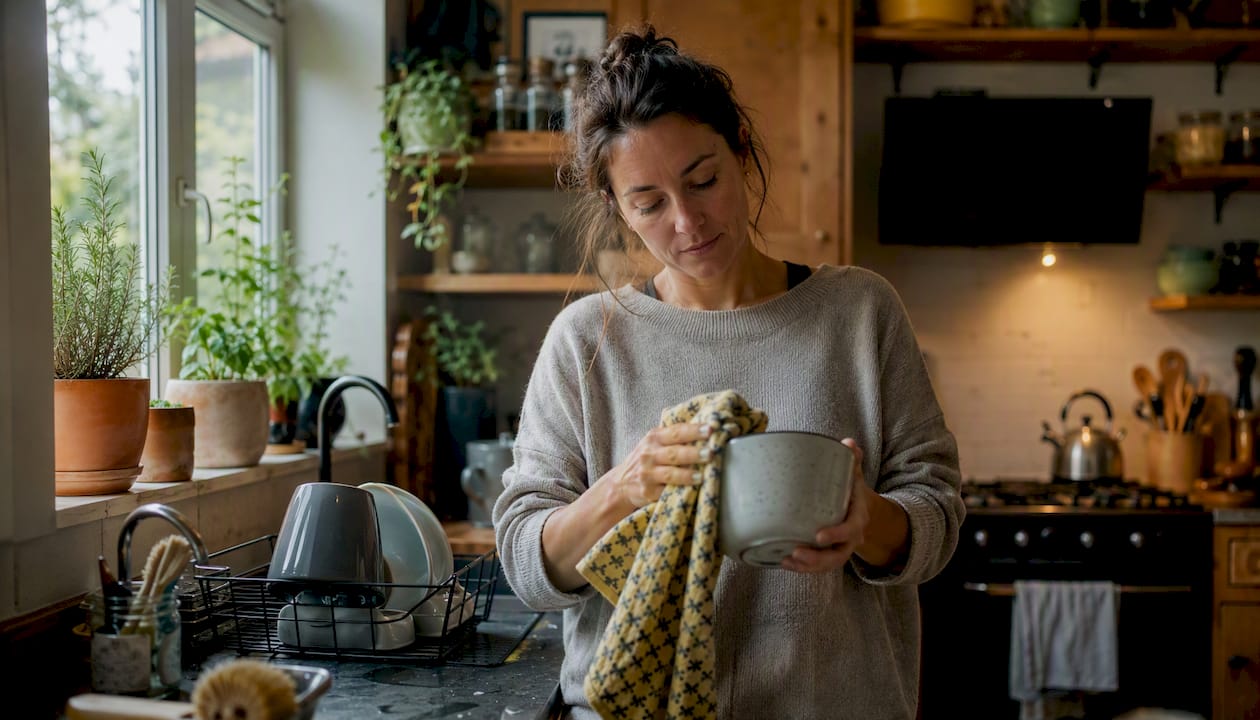 Woman drying dishes with Swedish dishcloth