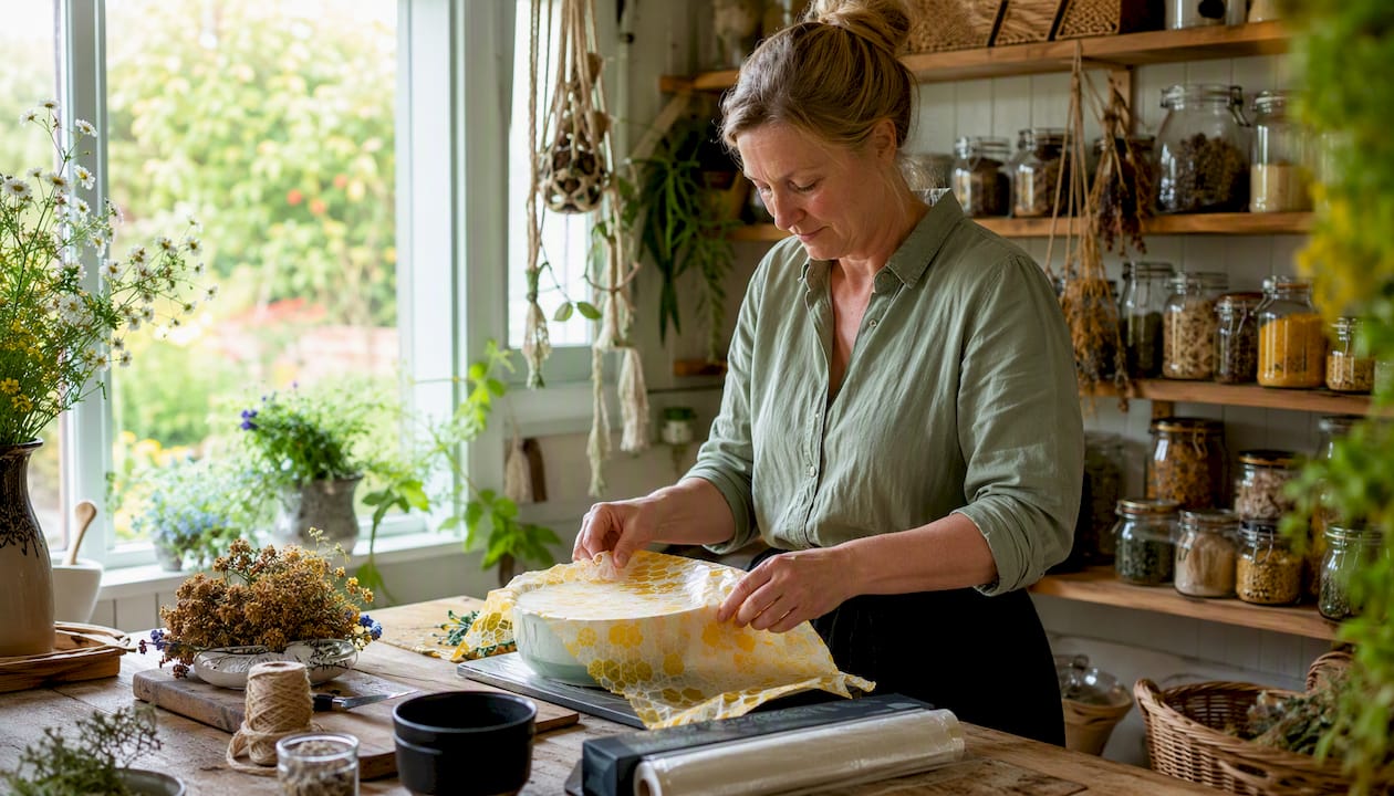 Woman using beeswax wrap in kitchen