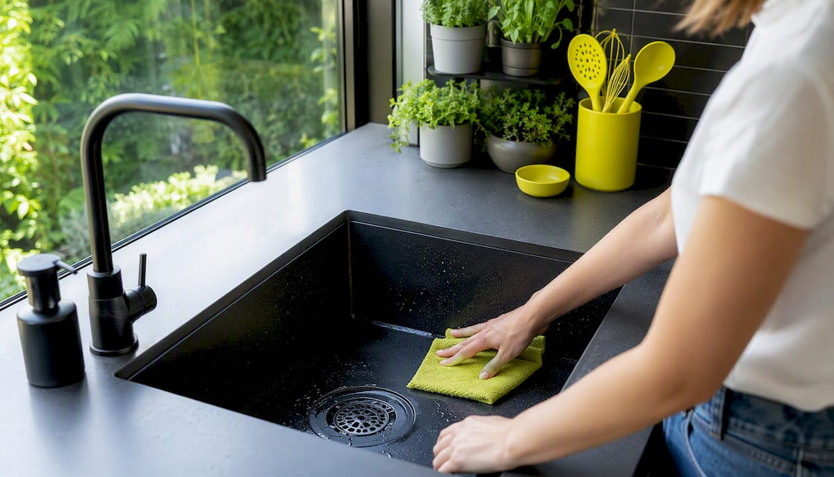 Hands wiping kitchen benchtop with cleaning cloth