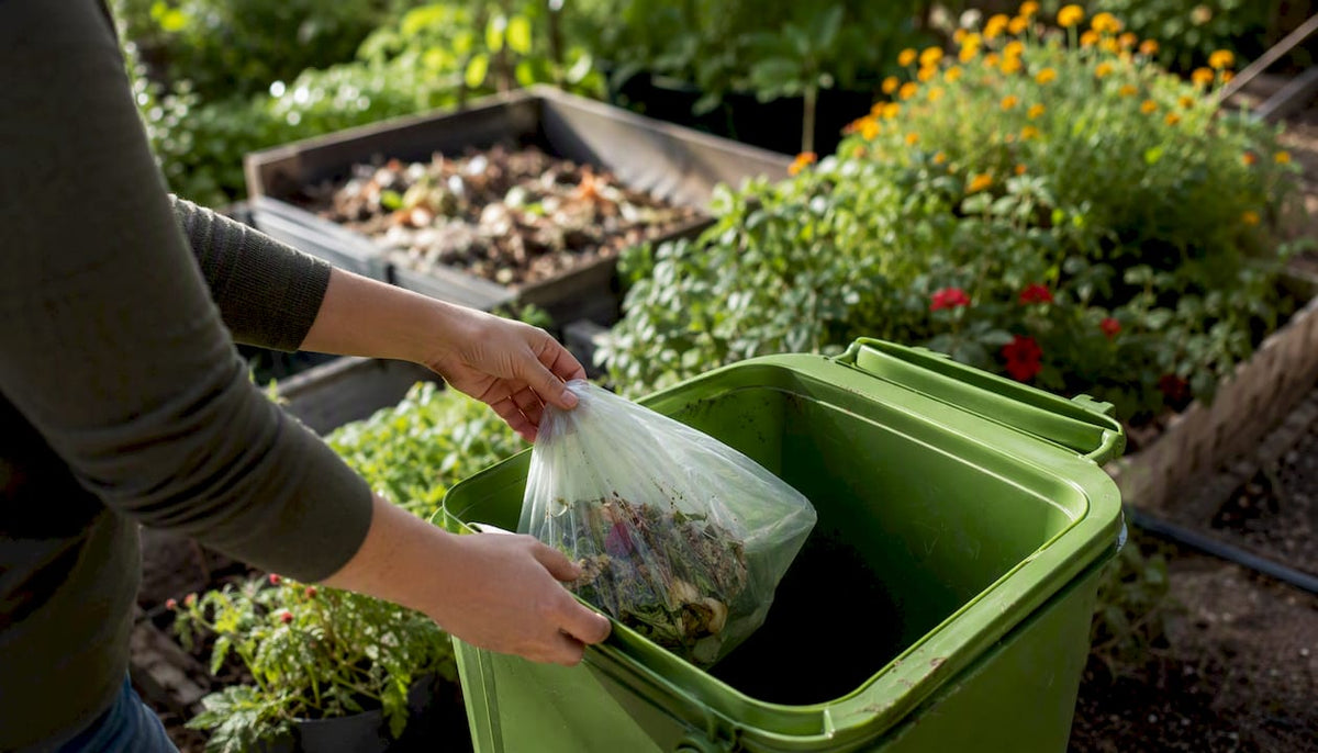 Hands placing compostable bag into compost bin