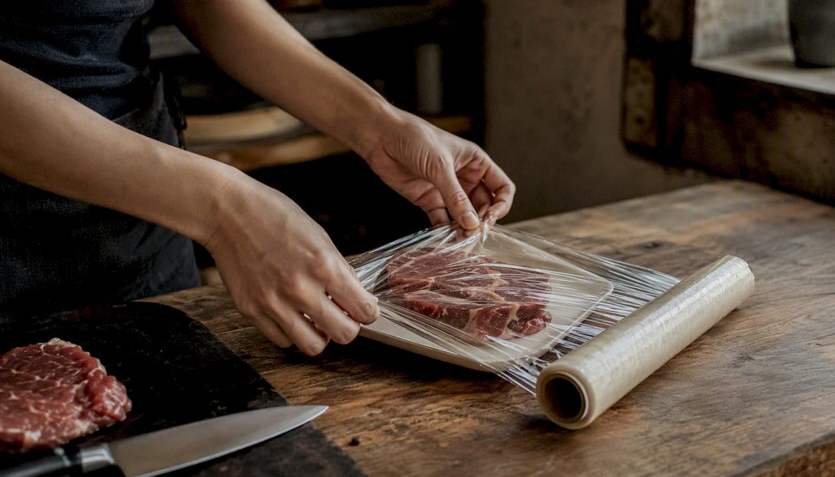 Hands wrapping raw meat with plastic-free cling wrap