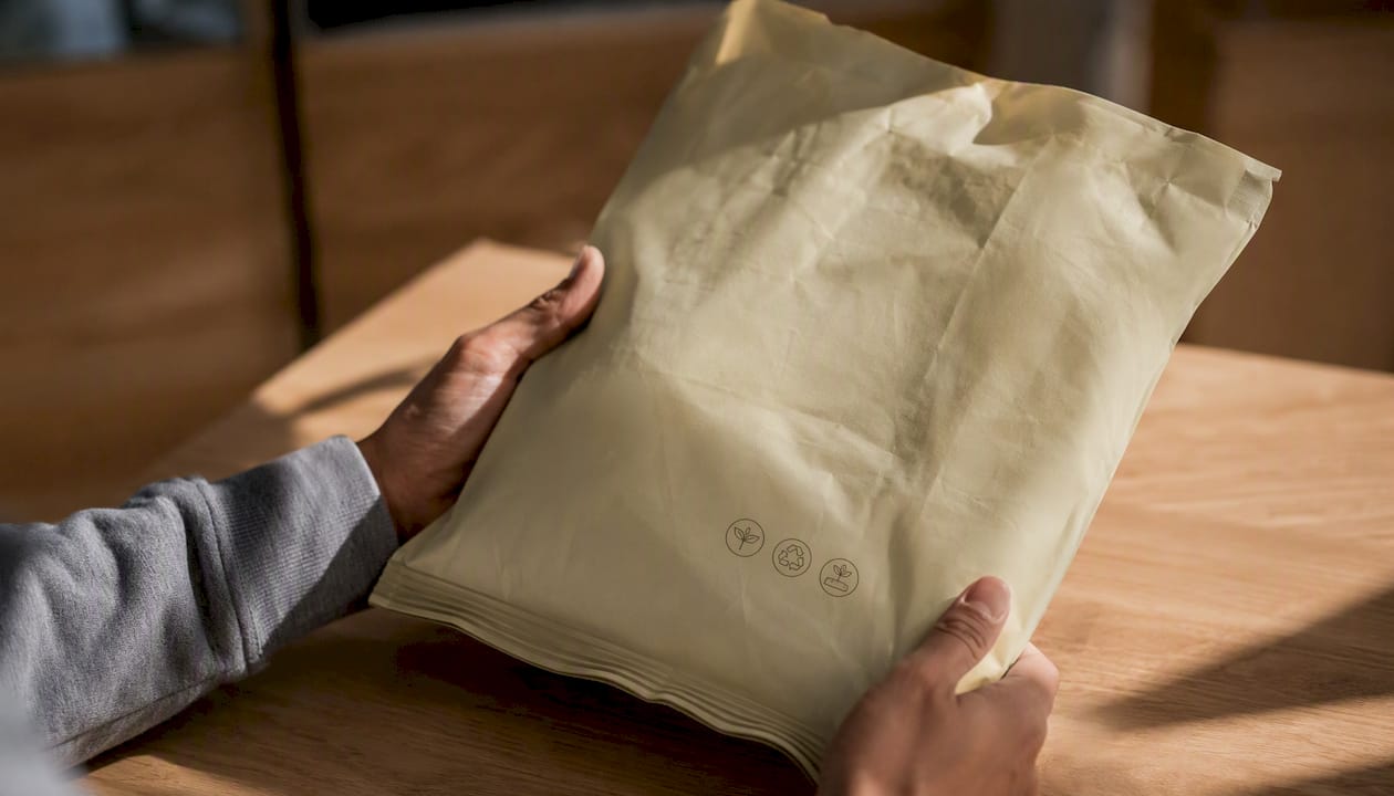 Hands inspecting compostable packaging labels