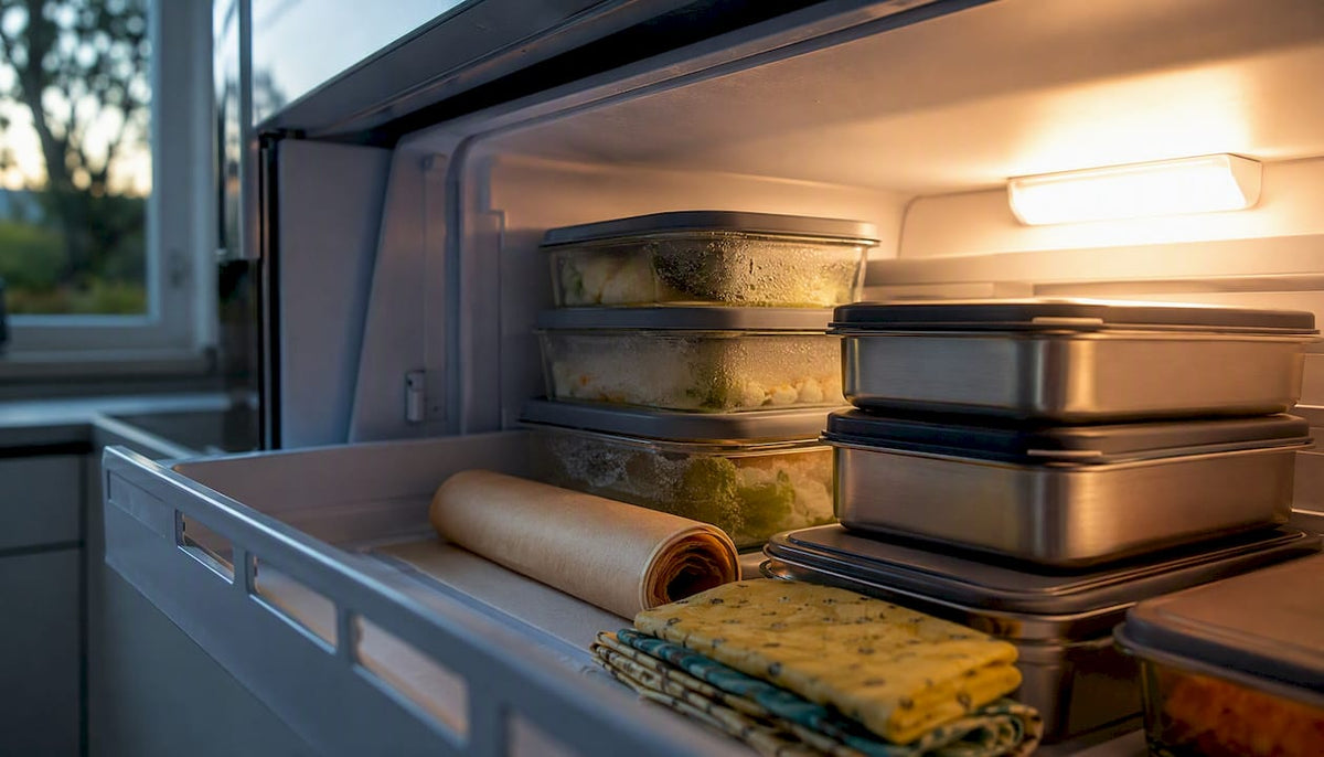 Plastic-free freezer containers arranged in a home freezer drawer