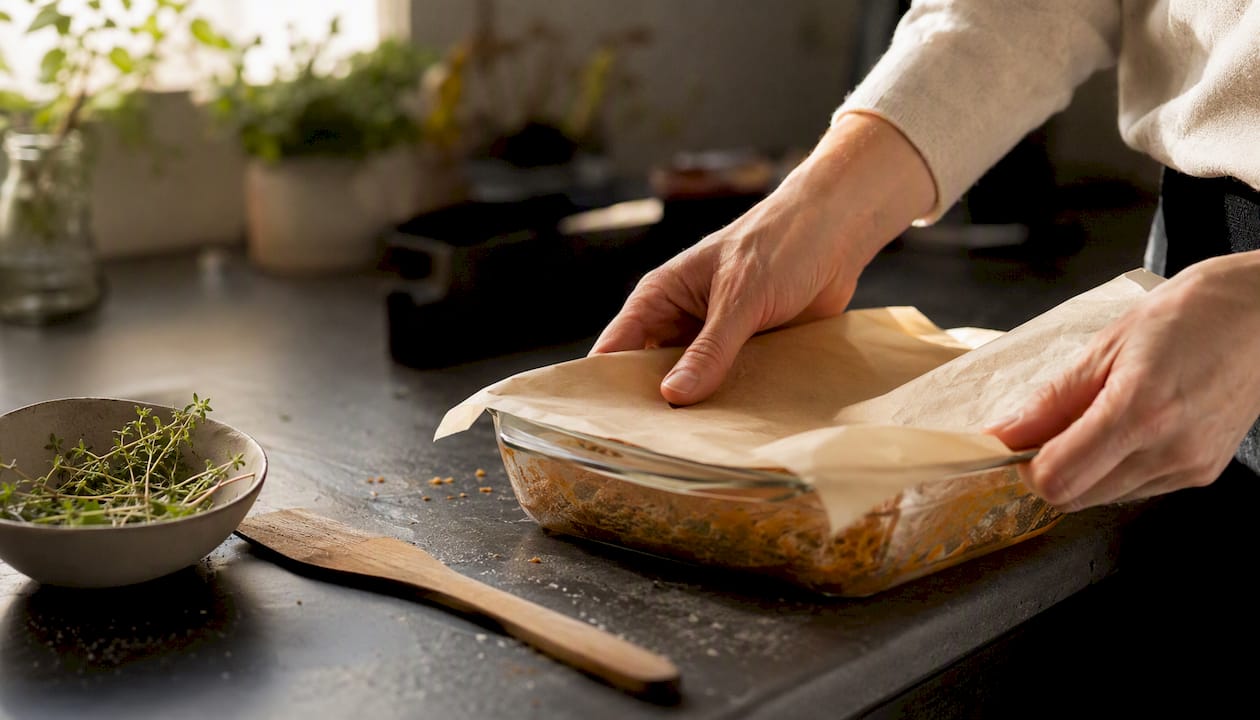 Hand covering dish with foil for oven cooking