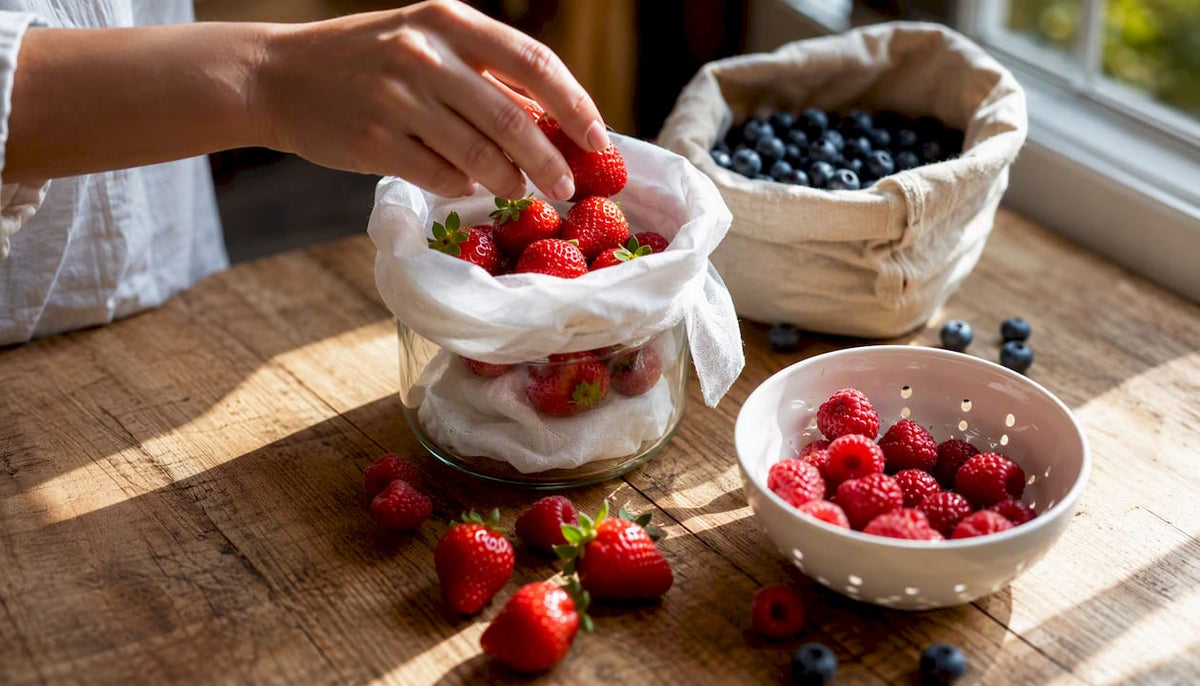 Placing fresh berries in plastic-free storage containers