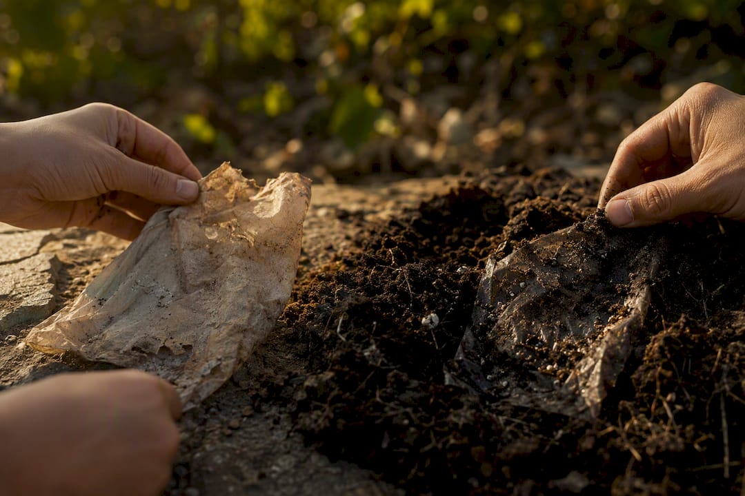 Hands comparing biodegrading and degrading plastic bags