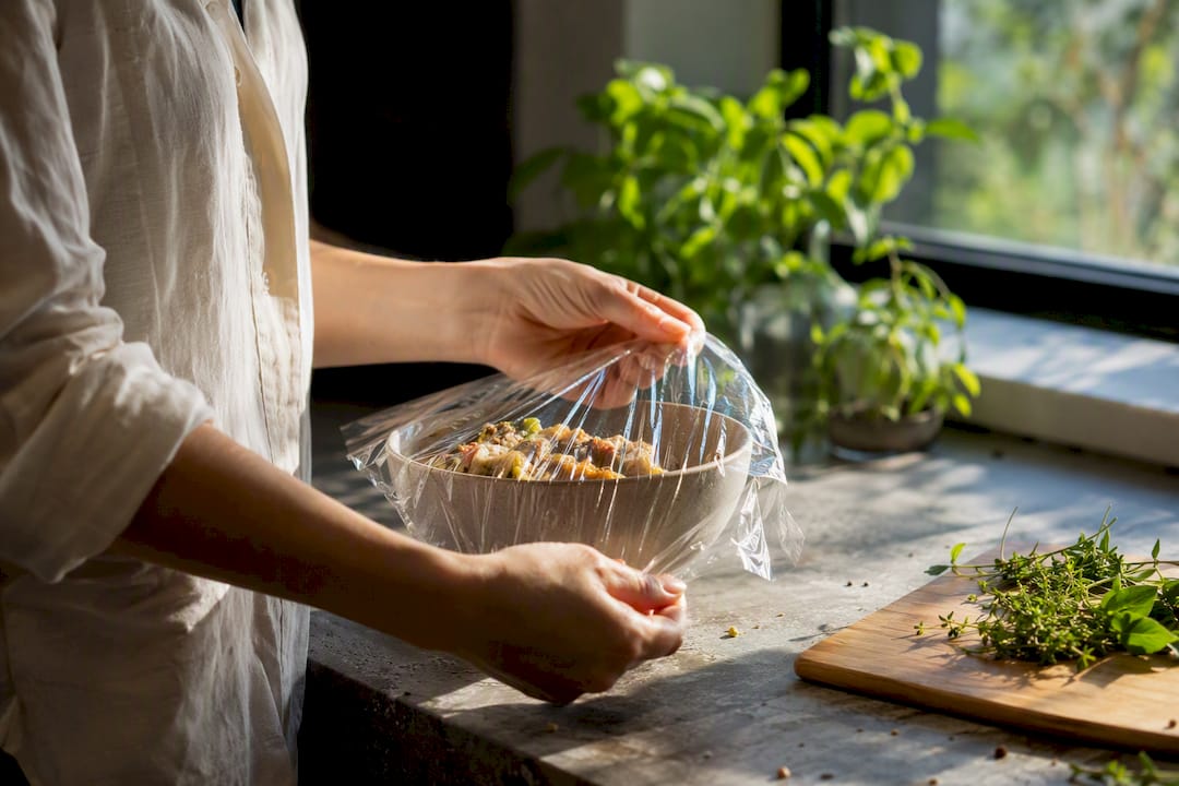 Hands wrapping food with PLA cling film