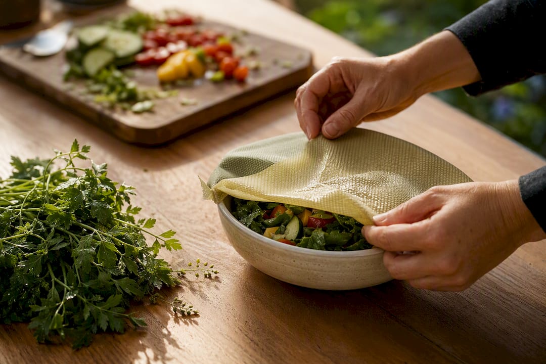 Hand wrapping bowl with beeswax wrap in kitchen