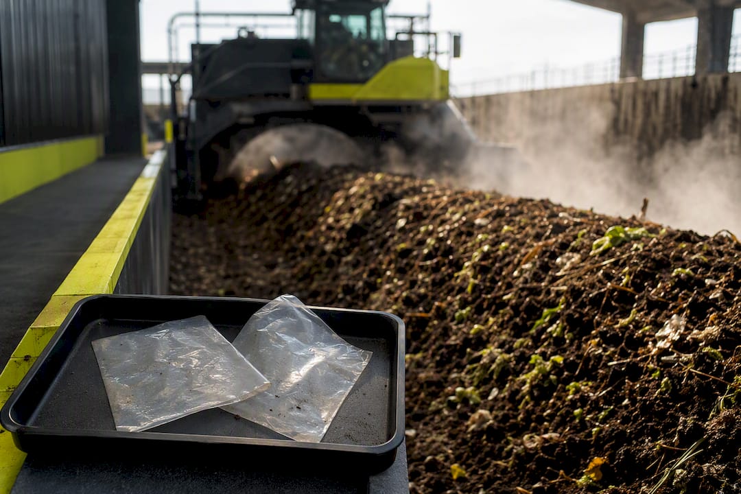 Industrial composting windrow with polymer material samples