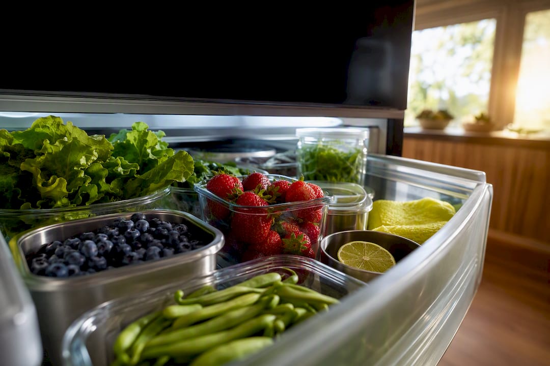 Organised fridge drawer with plastic-free storage