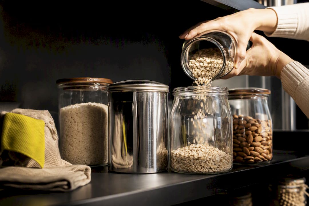 Glass jars storing dry pantry staples