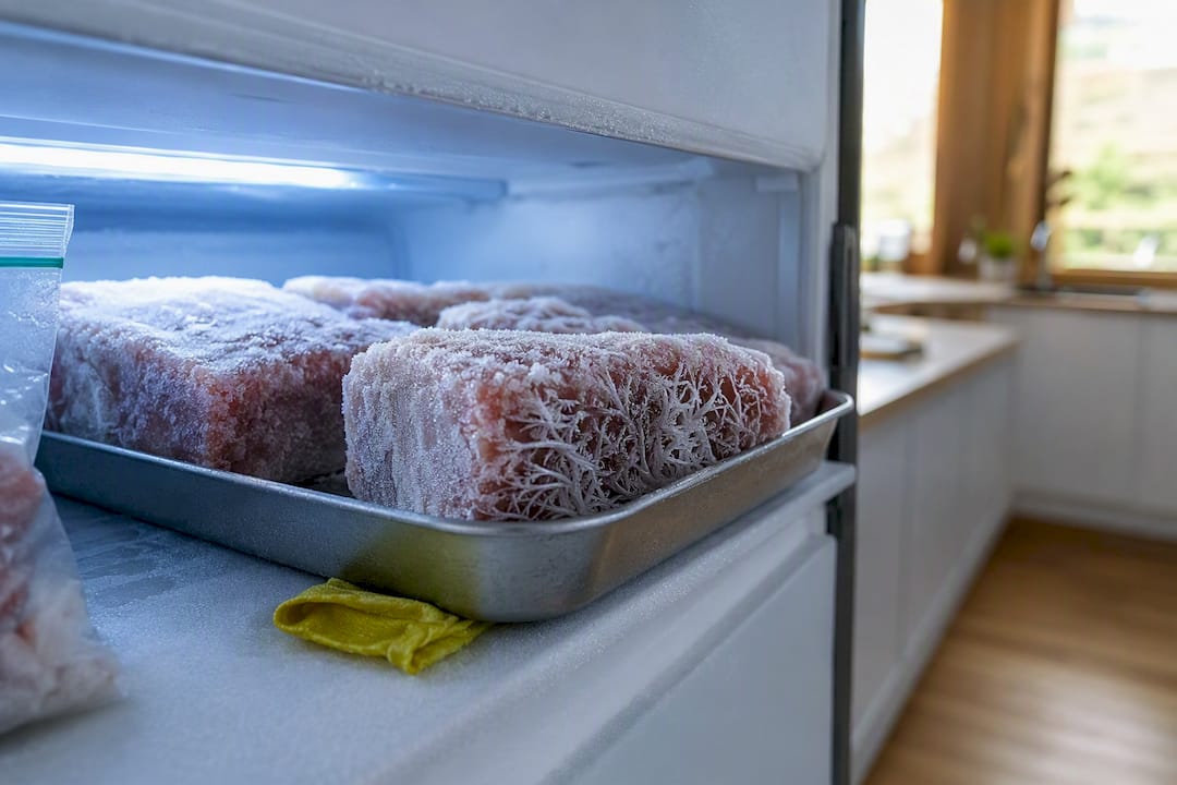 Frosted frozen food in an open freezer