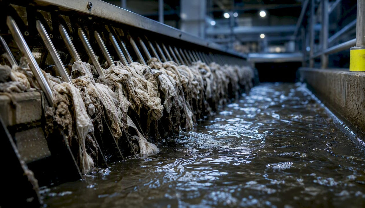 Wet wipes caught on wastewater screening grate