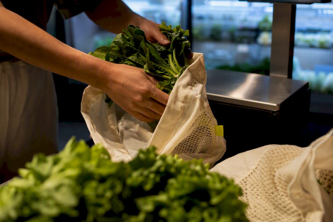 Reusable bags holding fresh supermarket produce