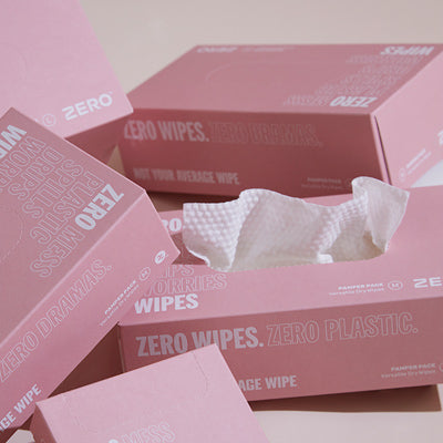 ZERO Baby Wipes box with dry wipes laid out beside it