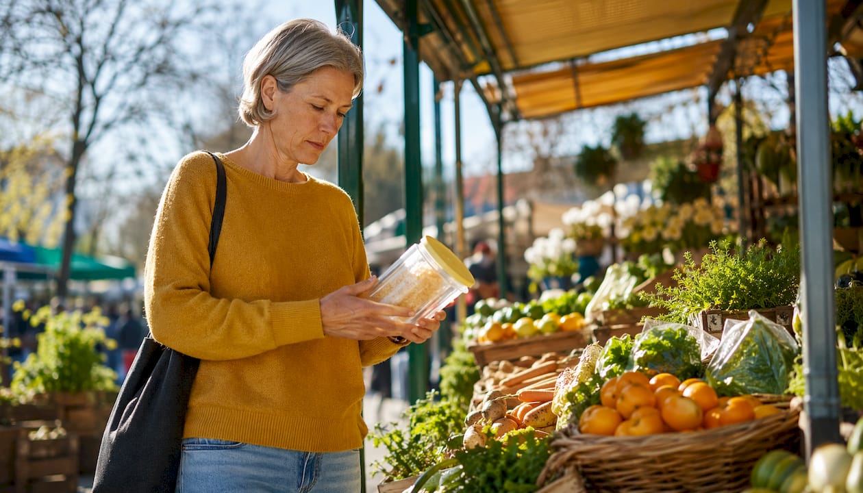 Woman shopping PLA bioplastic packaging in supermarket