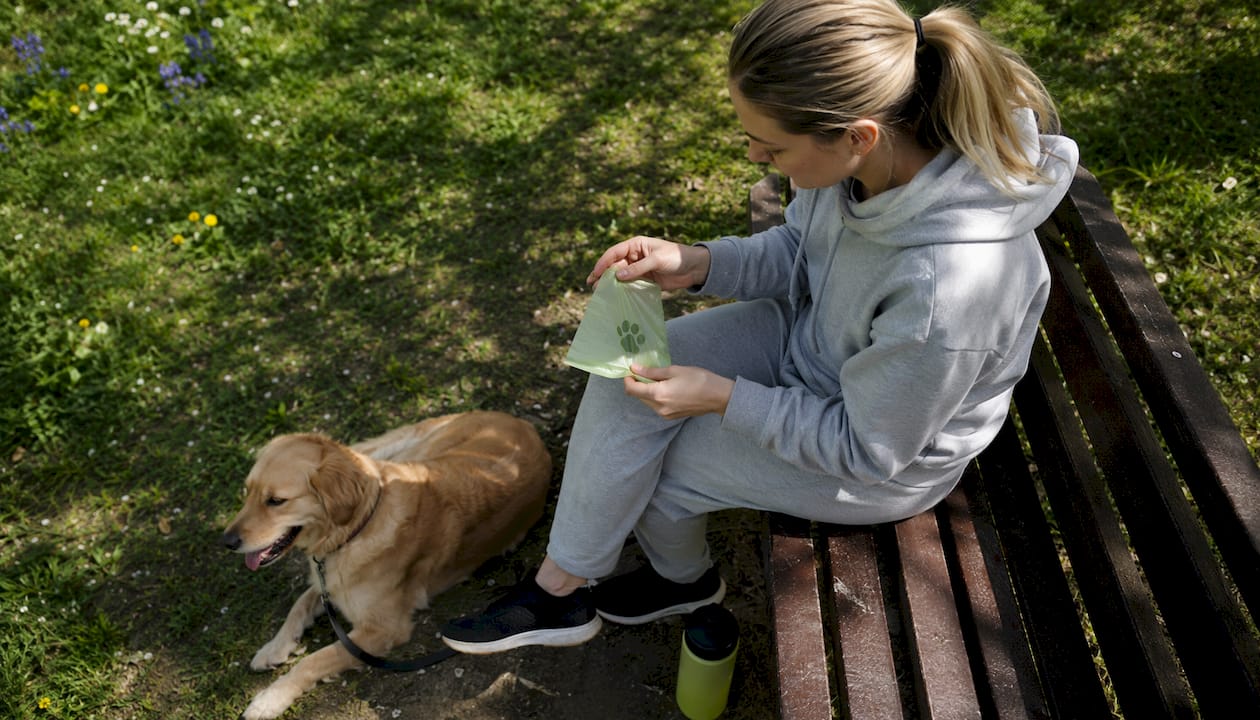 Person with compostable dog poop bag and dog outdoors