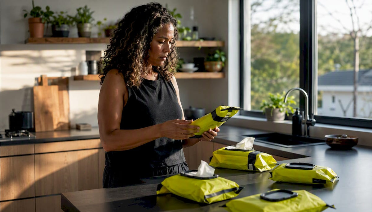 Woman examining plastic-free wipe ingredient lists