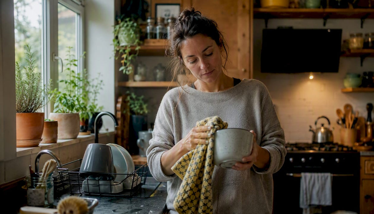 Woman drying dishes with Swedish dishcloth