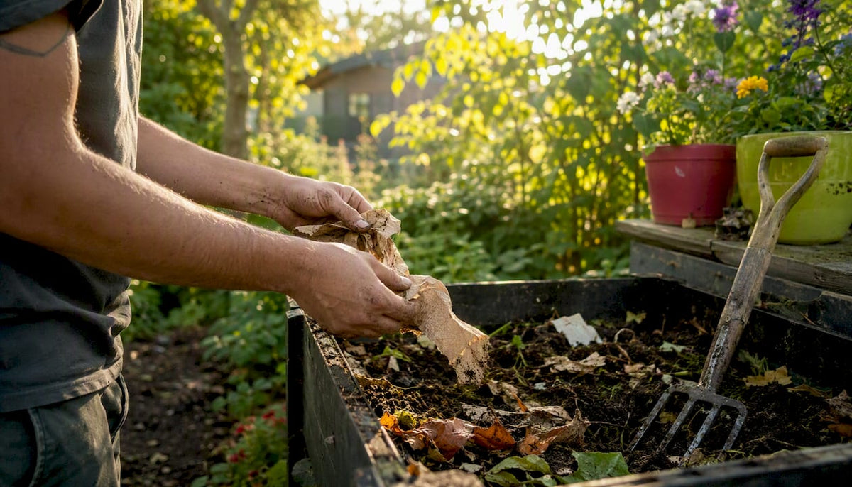 Hands shredding home-compostable bag in garden composter