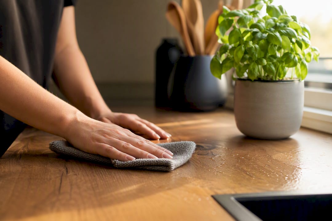 Hands wiping kitchen countertop with cloth