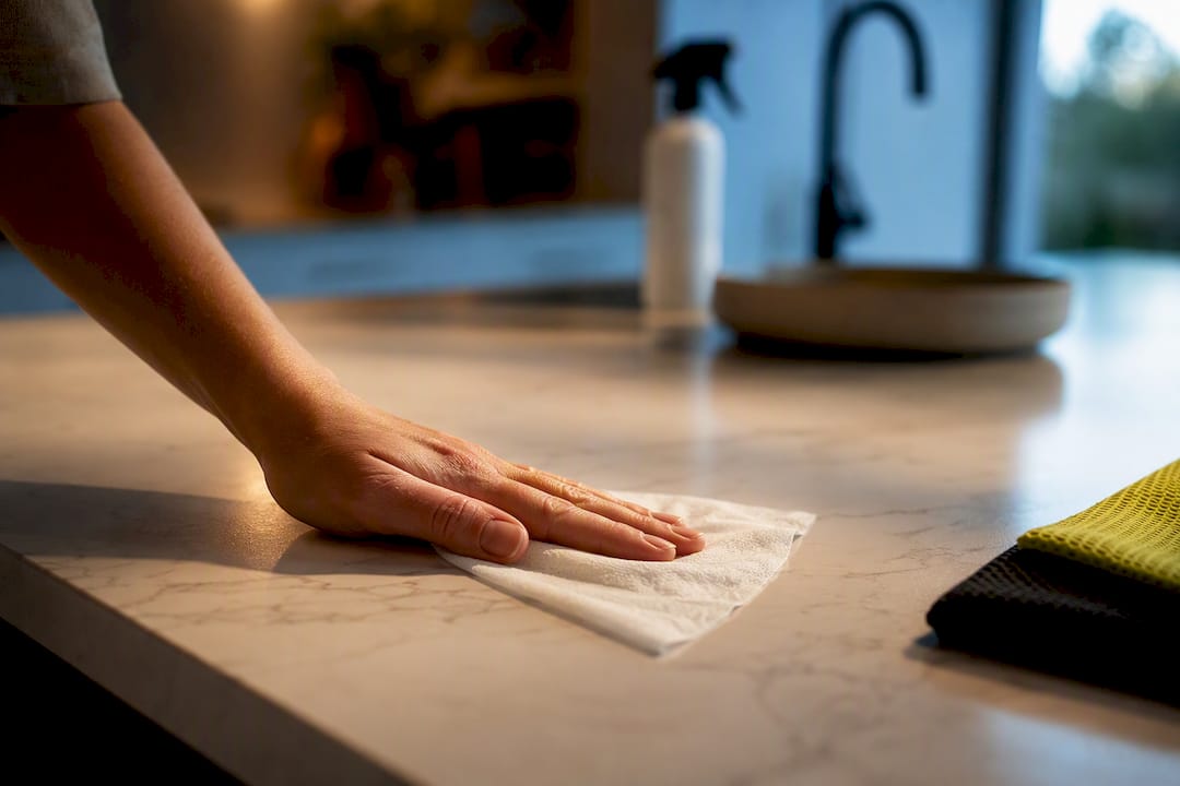 Hand using wipe on kitchen bench