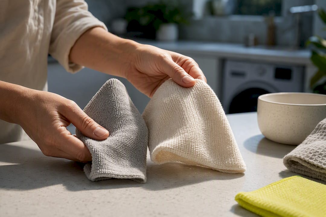 Hands comparing microfiber and cotton cloth textures