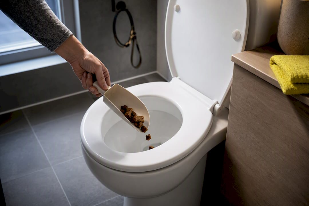 Dog waste being emptied into a toilet