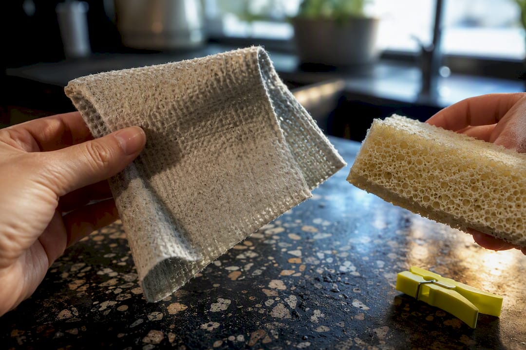 Hands comparing a dishcloth and sponge materials