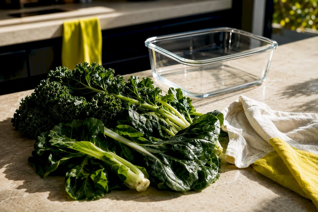 Leafy greens beside glass container and damp cloth