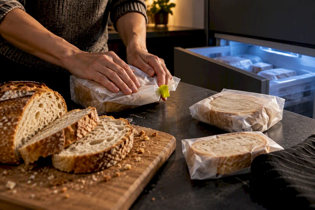 Bread portions prepared for plastic-free freezing