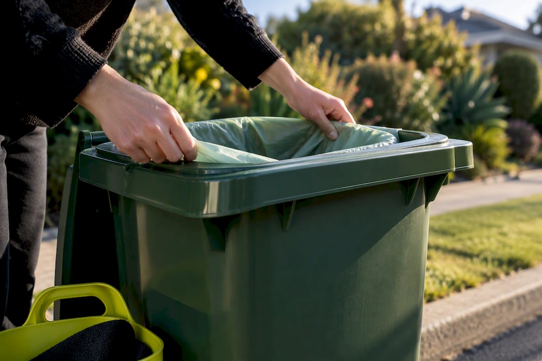 Hands choosing a liner beside green bin