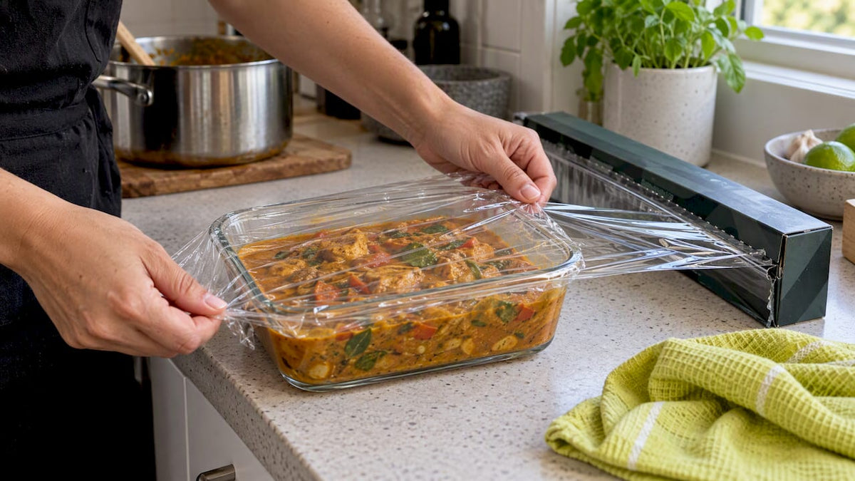 Plastic-free wrap covering cooled fatty leftovers