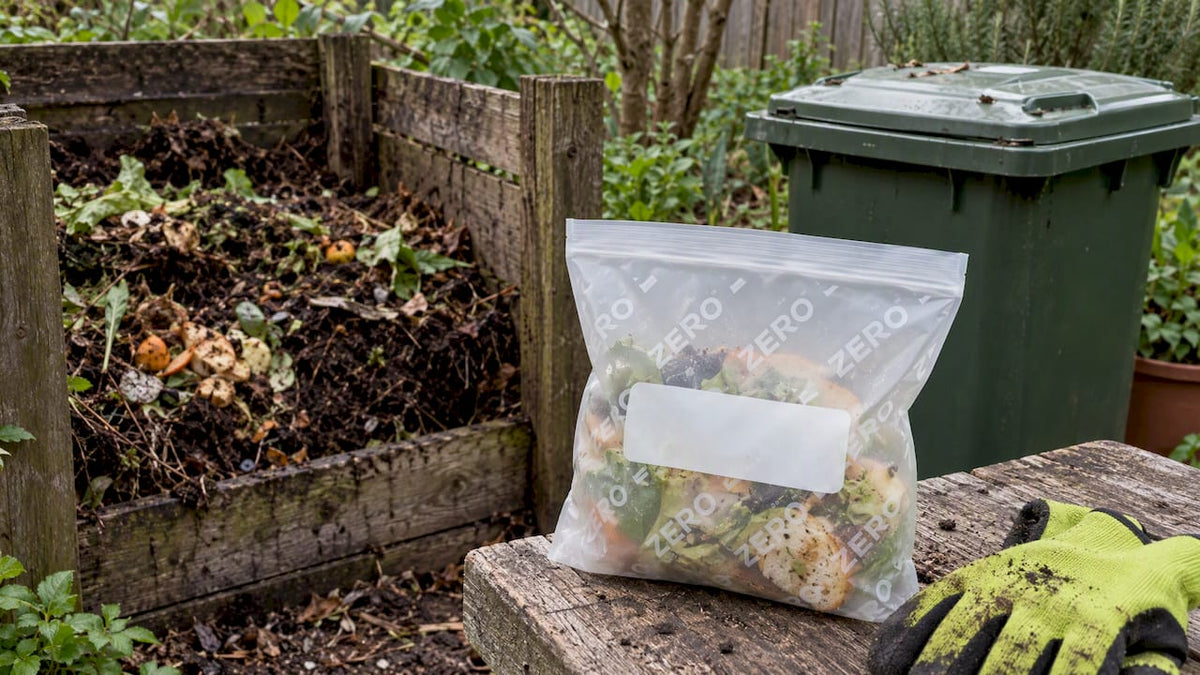 Resealable food bag beside household compost